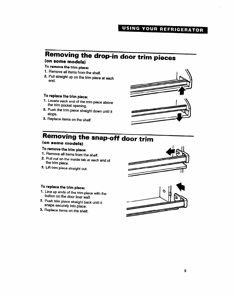 Removing the drop-in door trim pieces, On some models) | Whirlpool ETZOTK User Manual | Page 9 / 22