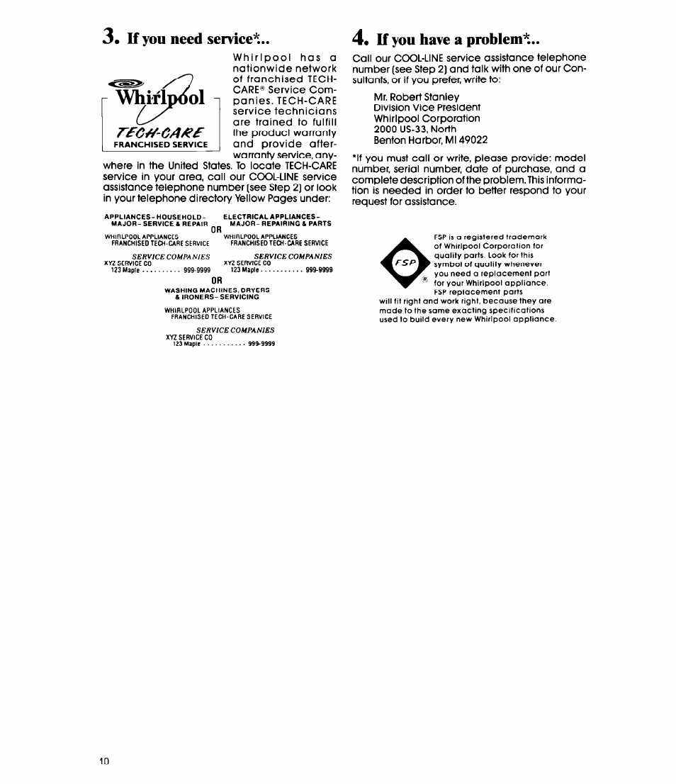 K you need service, If you have a problem, Wwfip^l | Rfc^-ca/^f | Whirlpool AD0402XM0 User Manual | Page 10 / 12