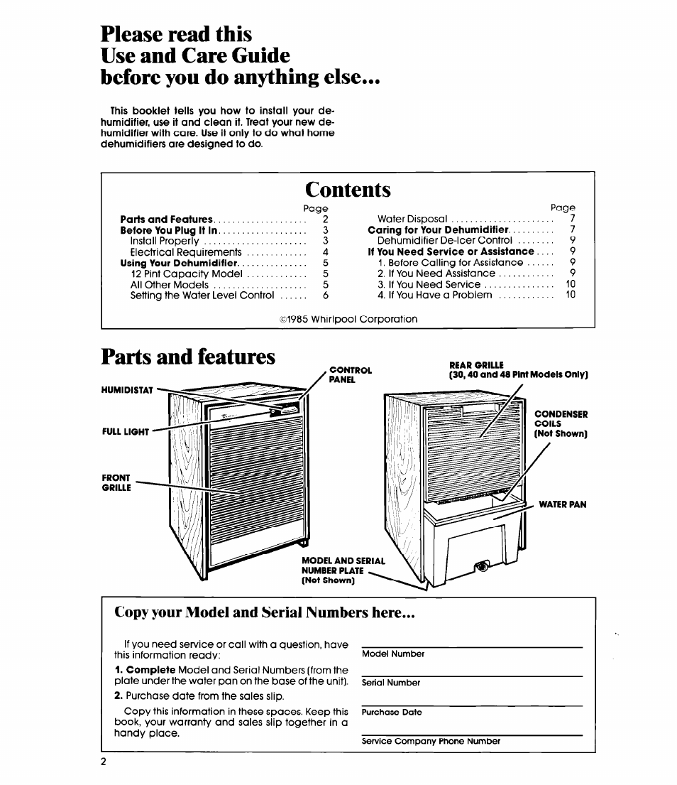 Please read this, Use and care guide, Before you do anything else | Parts and features, Copy your model and serial numbers here | Whirlpool AD0402XM0 User Manual | Page 2 / 12