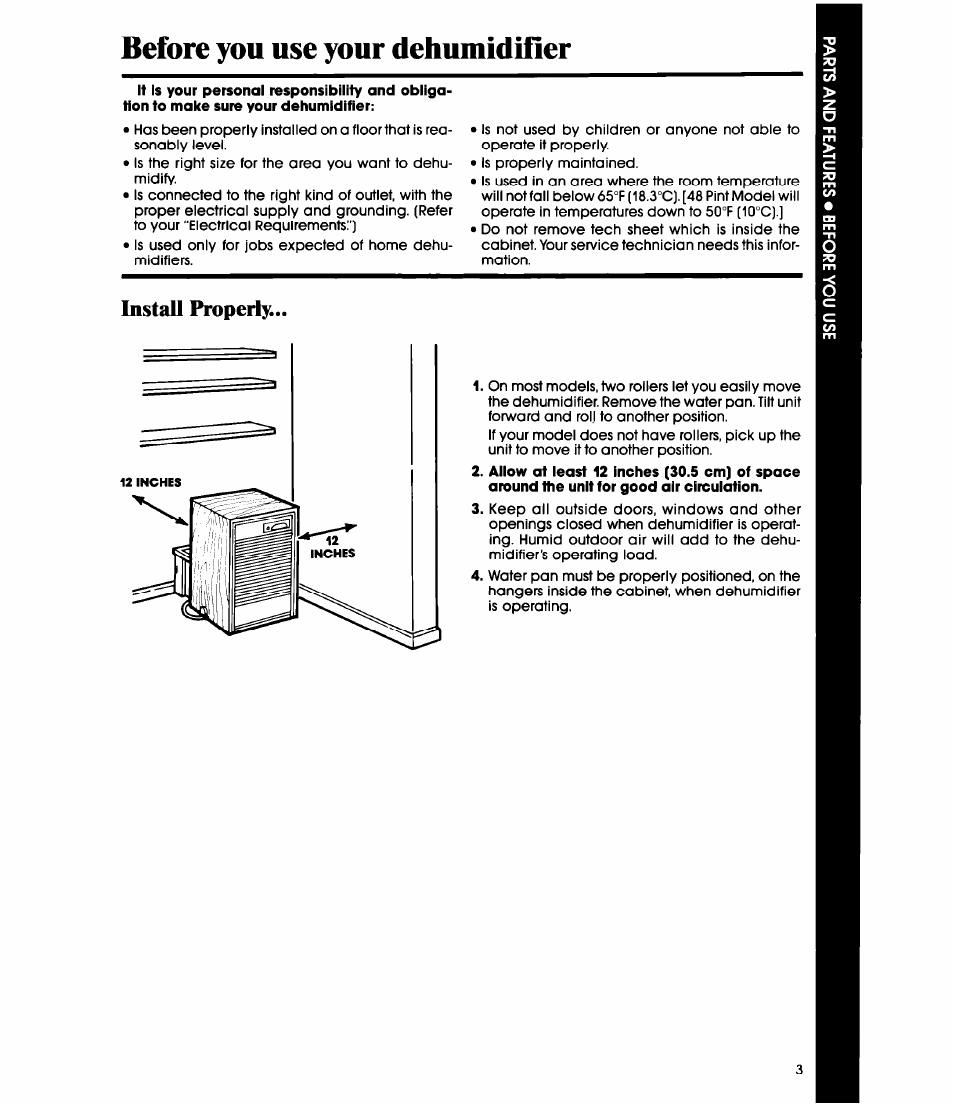 Before you use your dehumidifier, Install properly | Whirlpool AD0402XM0 User Manual | Page 3 / 12