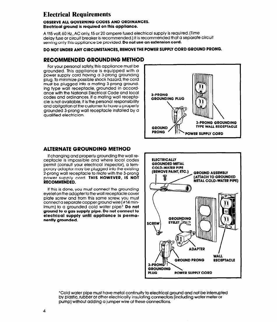 Electrical requirements | Whirlpool AD0402XM0 User Manual | Page 4 / 12