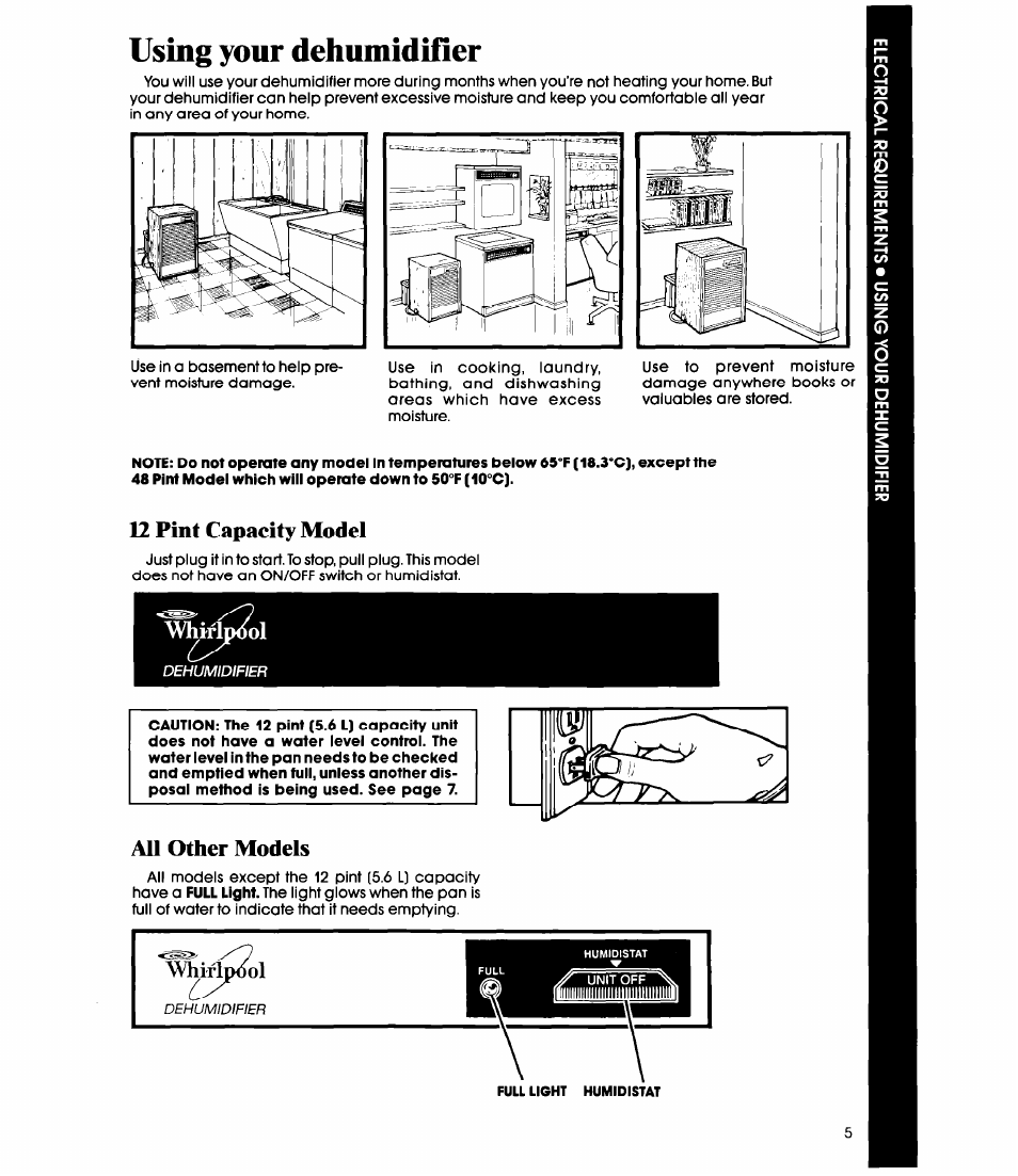 Using your dehumidifier, 12 pint capacity model, Whirlpool | All other models, Wwflpool | Whirlpool AD0402XM0 User Manual | Page 5 / 12