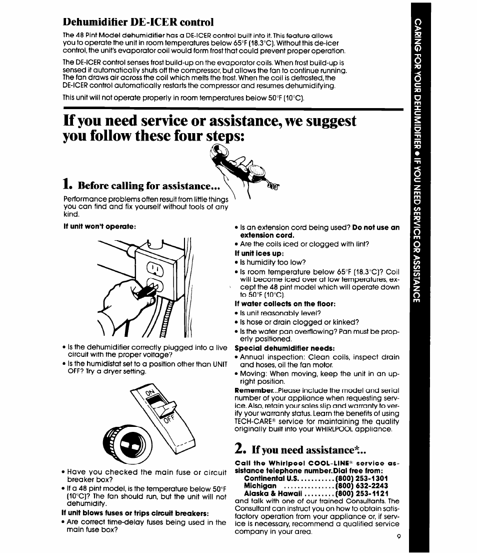 Dehumidifier de-icer control, Before calling for assistance, Kyou need assistance | Whirlpool AD0402XM0 User Manual | Page 9 / 12