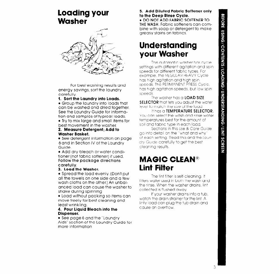 Sort the laundry into loads, Measure detergent; add to washer basket, Load the washer | Pour liquid bleach into the dispenser, Loading your washer, Understanding your washer, Magic clean® lint filter | Whirlpool LA6800XK User Manual | Page 3 / 12