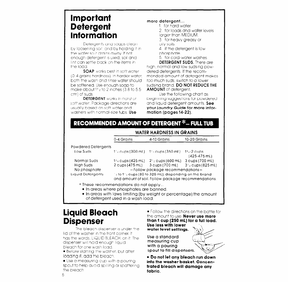 Water hardness in grains, Important detergent information, Liquid bieacti dispenser | Recommended amount of detergent^- full tub | Whirlpool LA6800XK User Manual | Page 6 / 12