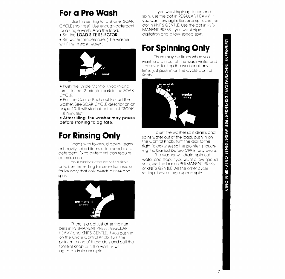 For a pre wash, For spinning oniy, For rinsing oniy | Whirlpool LA6800XK User Manual | Page 7 / 12
