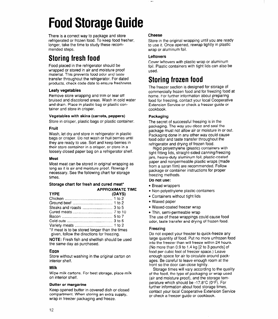 Food storage guide, Storing fresh food, Storing frozen food | Whirlpool 6ET20RK User Manual | Page 12 / 16