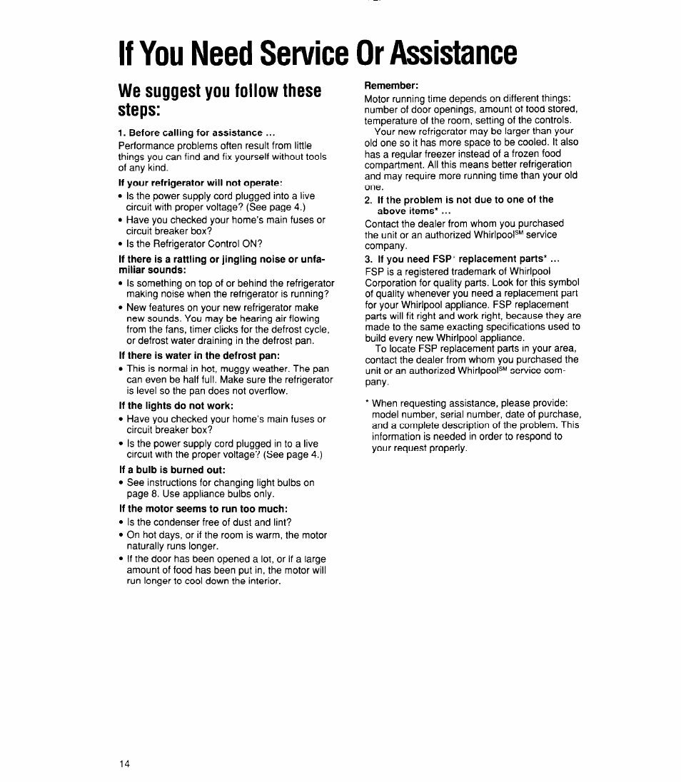 If you need service or assistance, We suggest you follow these steps | Whirlpool 6ET20RK User Manual | Page 14 / 16