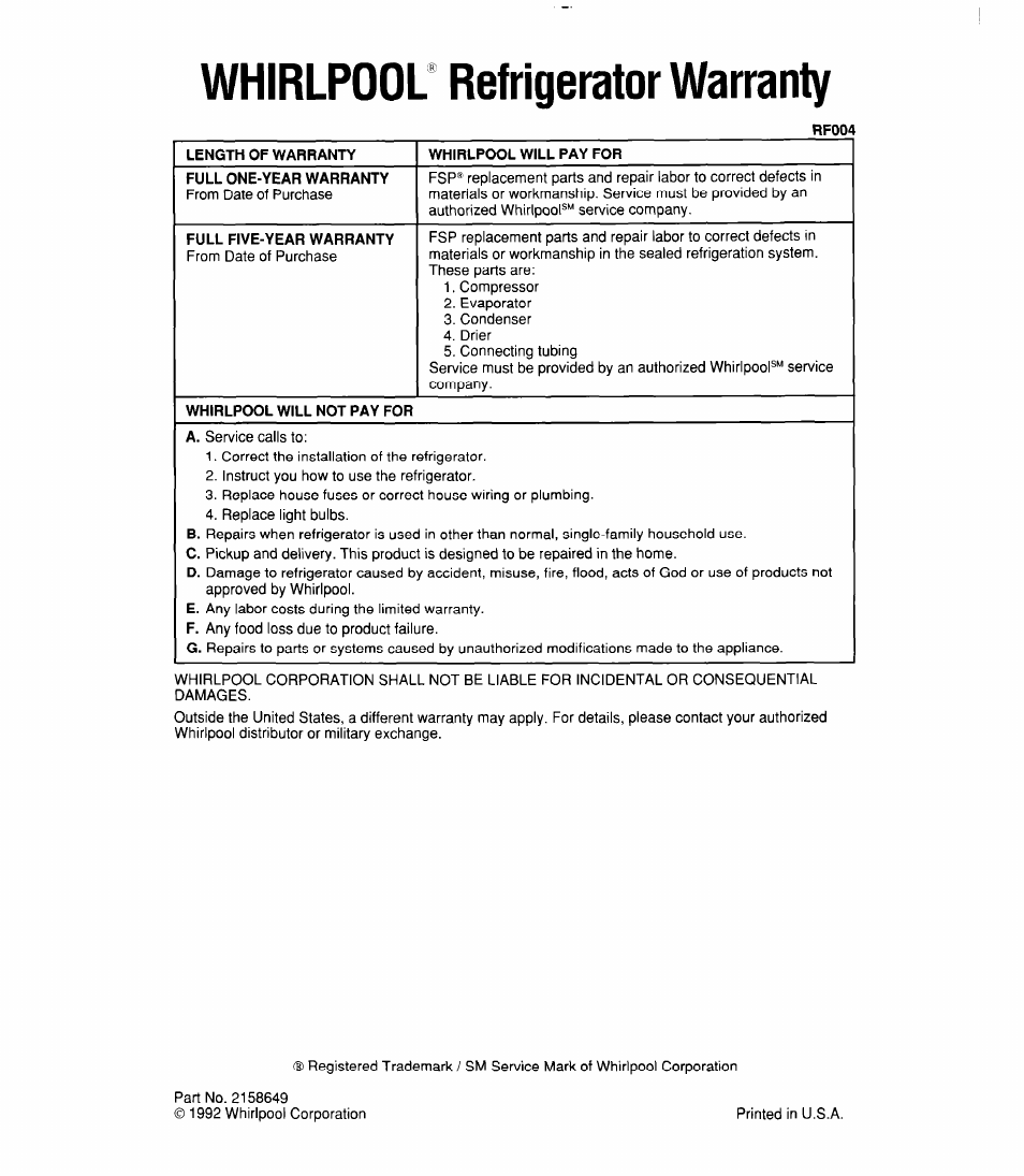 Whirlpool refrigerator warranty | Whirlpool 6ET20RK User Manual | Page 16 / 16