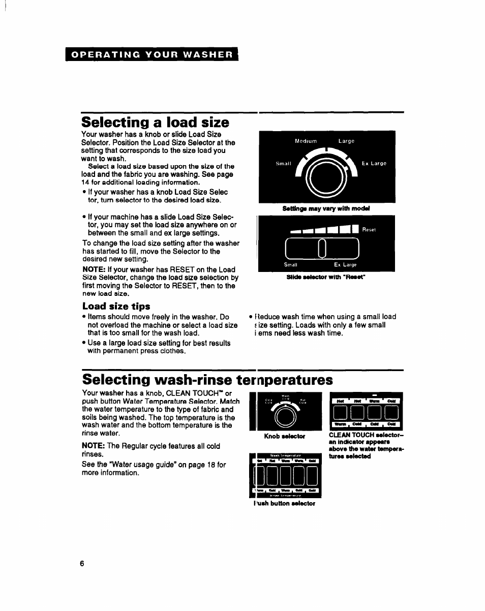 Selecting a load size, Load size tips, Selecting wash-rinse temperatures | Whirlpool LLC7244BQ0 User Manual | Page 6 / 26