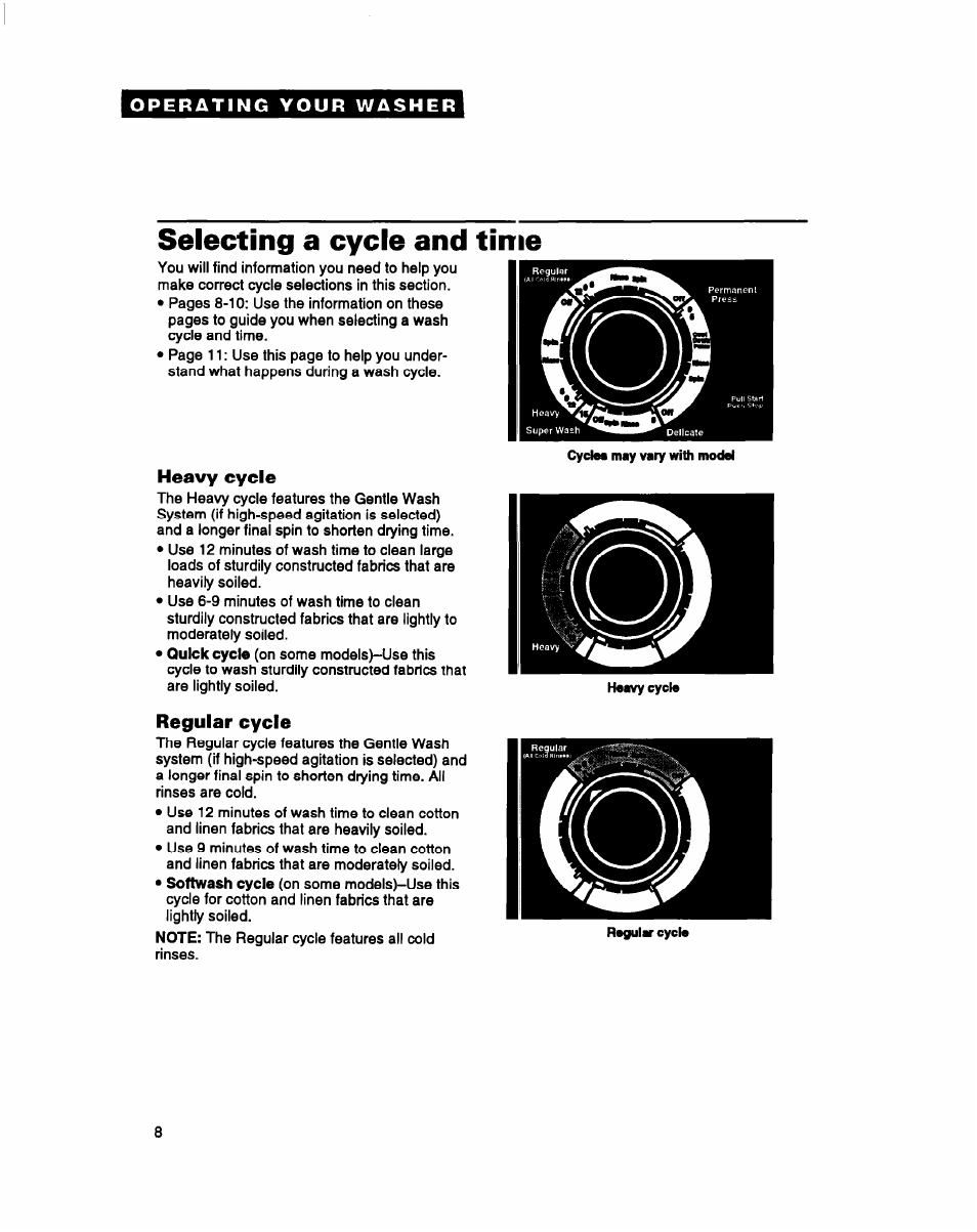 Selecting a cycle and time, Heavy cycle, Regular cycle | Whirlpool LLC7244BQ0 User Manual | Page 8 / 26