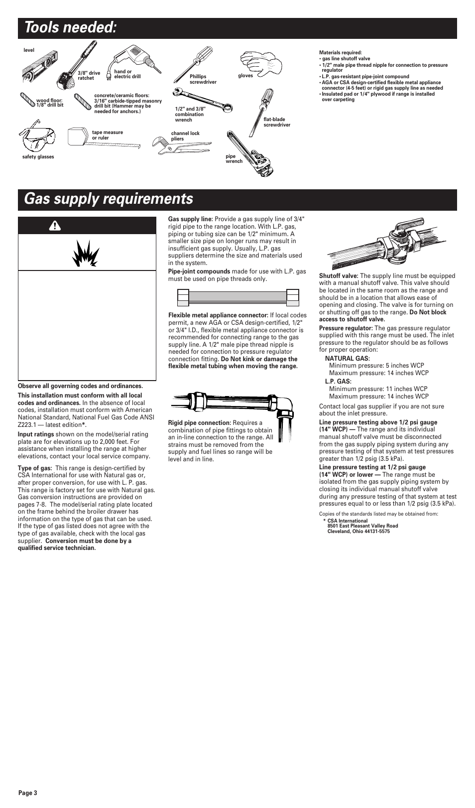 Tools needed, Gas supply requirements, Warning | Whirlpool FGP300JN0 User Manual | Page 3 / 9