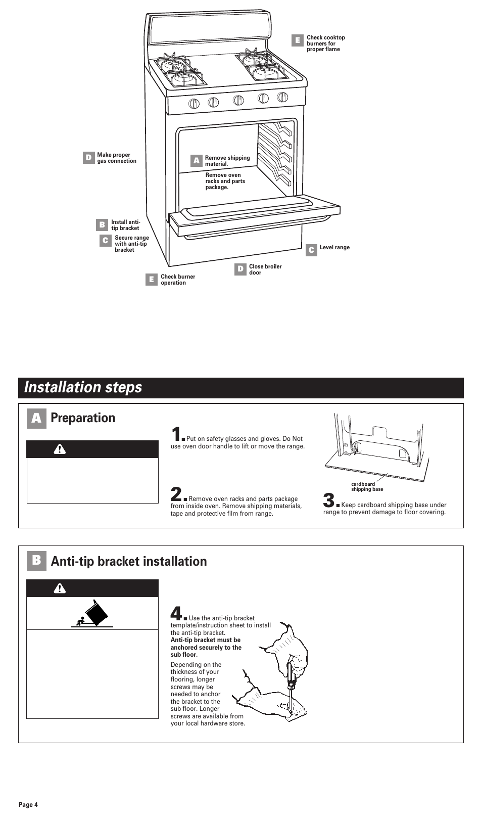 Installation steps, Preparation a, Anti-tip bracket installation b | Warning | Whirlpool FGP300JN0 User Manual | Page 4 / 9