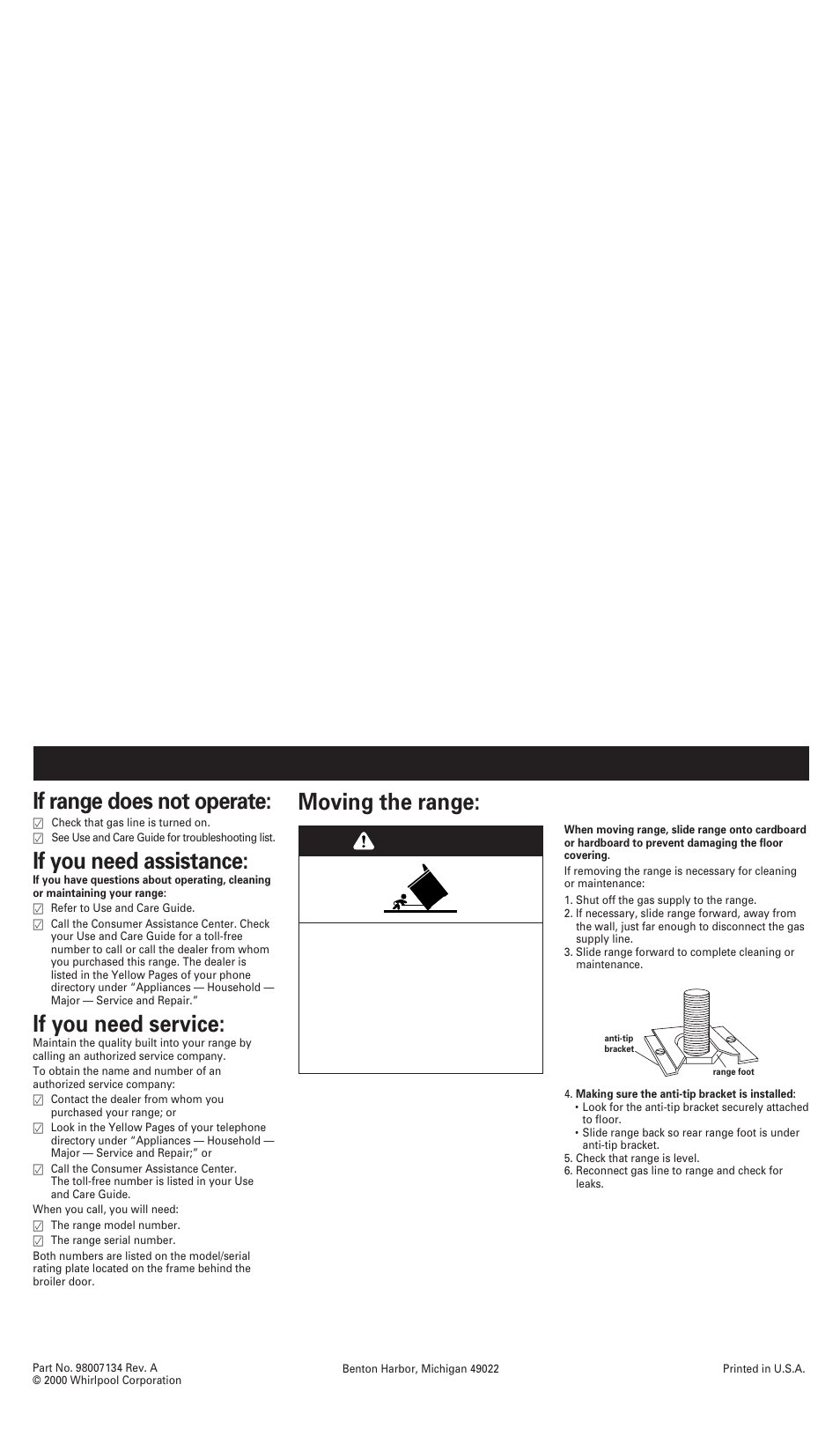 If range does not operate, If you need assistance, If you need service | Moving the range, Warning | Whirlpool FGP300JN0 User Manual | Page 9 / 9