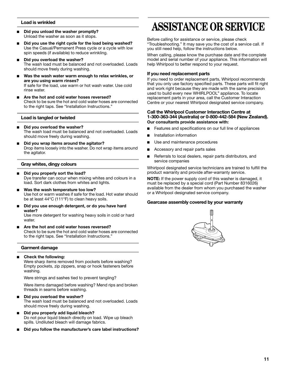 Assistance or service | Whirlpool SUDS-MISER 6ALSS5233JQ0 User Manual | Page 11 / 12
