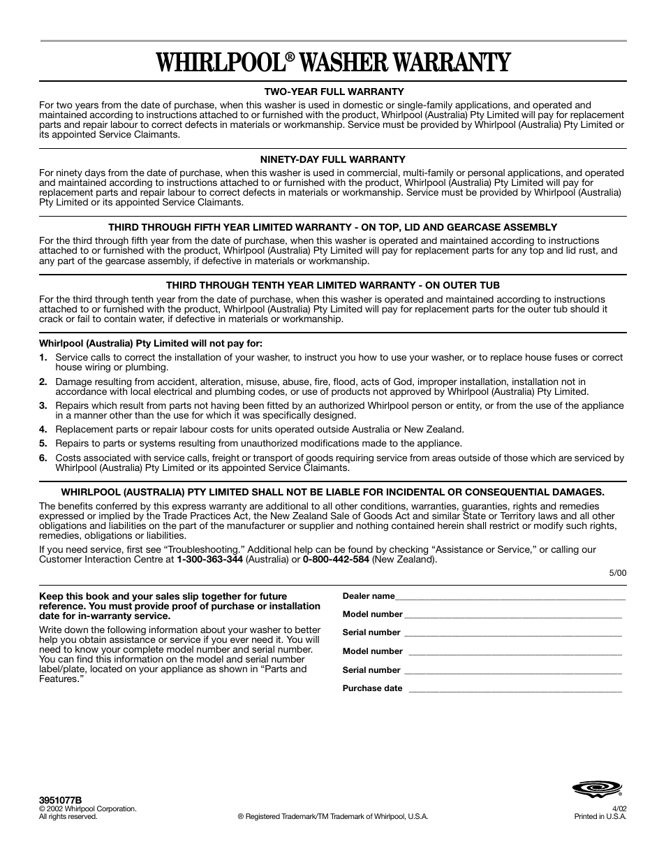 Warranty, Whirlpool, Washer warranty | Whirlpool SUDS-MISER 6ALSS5233JQ0 User Manual | Page 12 / 12