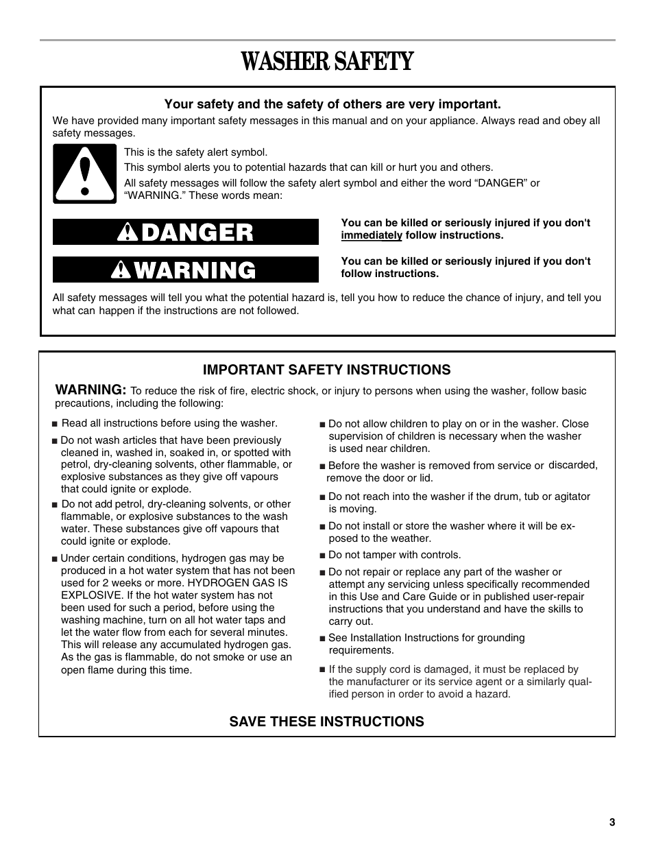 Washer safety, Warning | Whirlpool SUDS-MISER 6ALSS5233JQ0 User Manual | Page 3 / 12