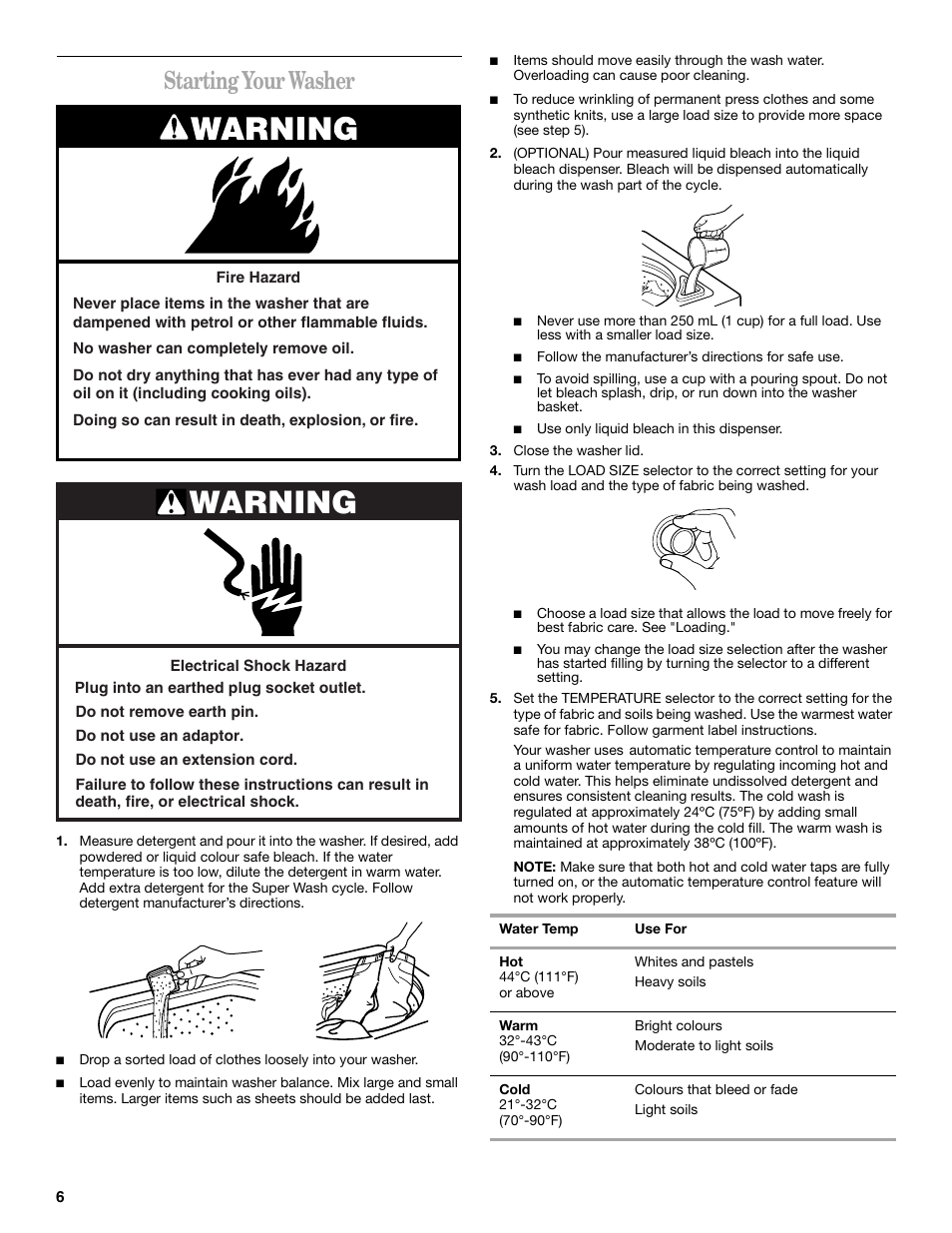 Starting your washer, Warning | Whirlpool SUDS-MISER 6ALSS5233JQ0 User Manual | Page 6 / 12