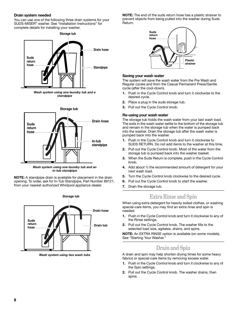 Extra rinse and spin, Drain and spin | Whirlpool SUDS-MISER 6ALSS5233JQ0 User Manual | Page 8 / 12