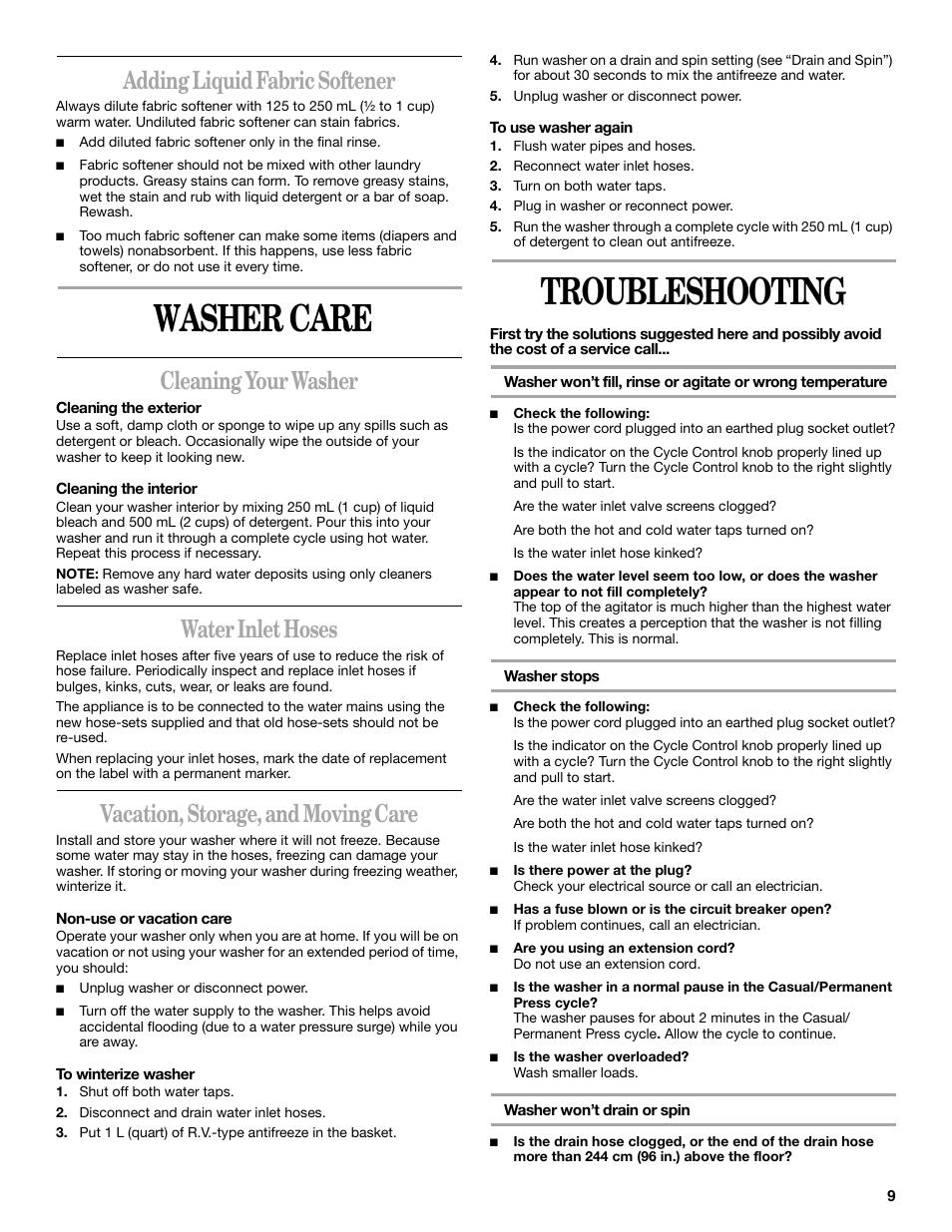 Adding liquid fabric softener, Washer care, Troubleshooting | Cleaning your washer, Water inlet hoses, Vacation, storage, and moving care | Whirlpool SUDS-MISER 6ALSS5233JQ0 User Manual | Page 9 / 12