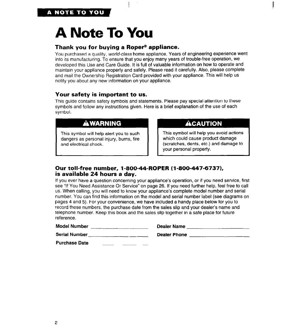 A note to you, Thank you for buying a roper® appliance, Your safety is important to us | Whirlpool RS20AK User Manual | Page 2 / 28