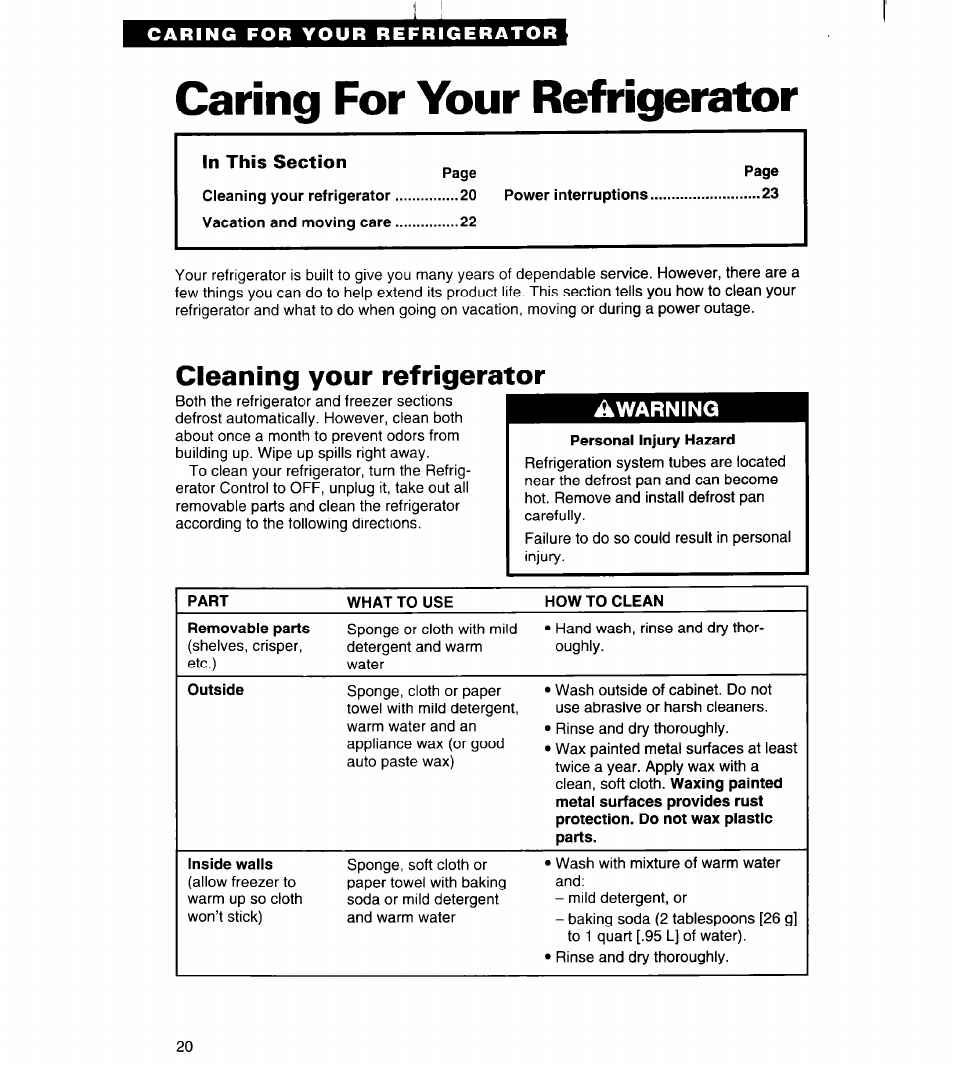 Caring for your refrigerator, Cleaning your refrigerator | Whirlpool RS20AK User Manual | Page 20 / 28