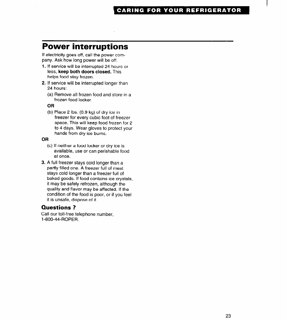 Power interruptions, Questions | Whirlpool RS20AK User Manual | Page 23 / 28