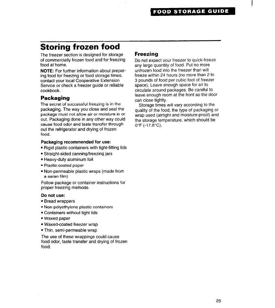 Storing frozen food, Packaging, Do not use | Freezing | Whirlpool RS20AK User Manual | Page 25 / 28