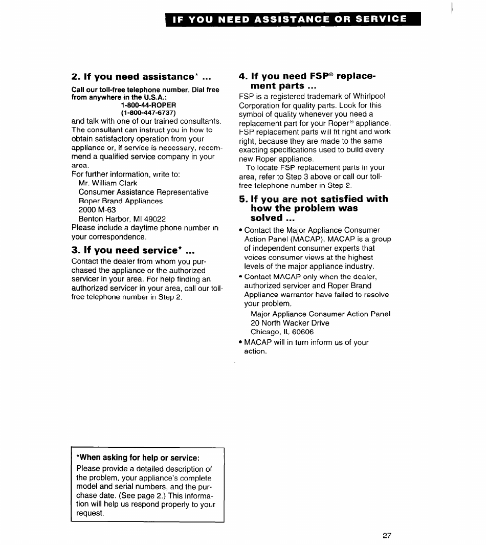 If you need assistance, If you need service, If you need fsp® replacement parts | When asking for help or service, If you need assistance or service | Whirlpool RS20AK User Manual | Page 27 / 28