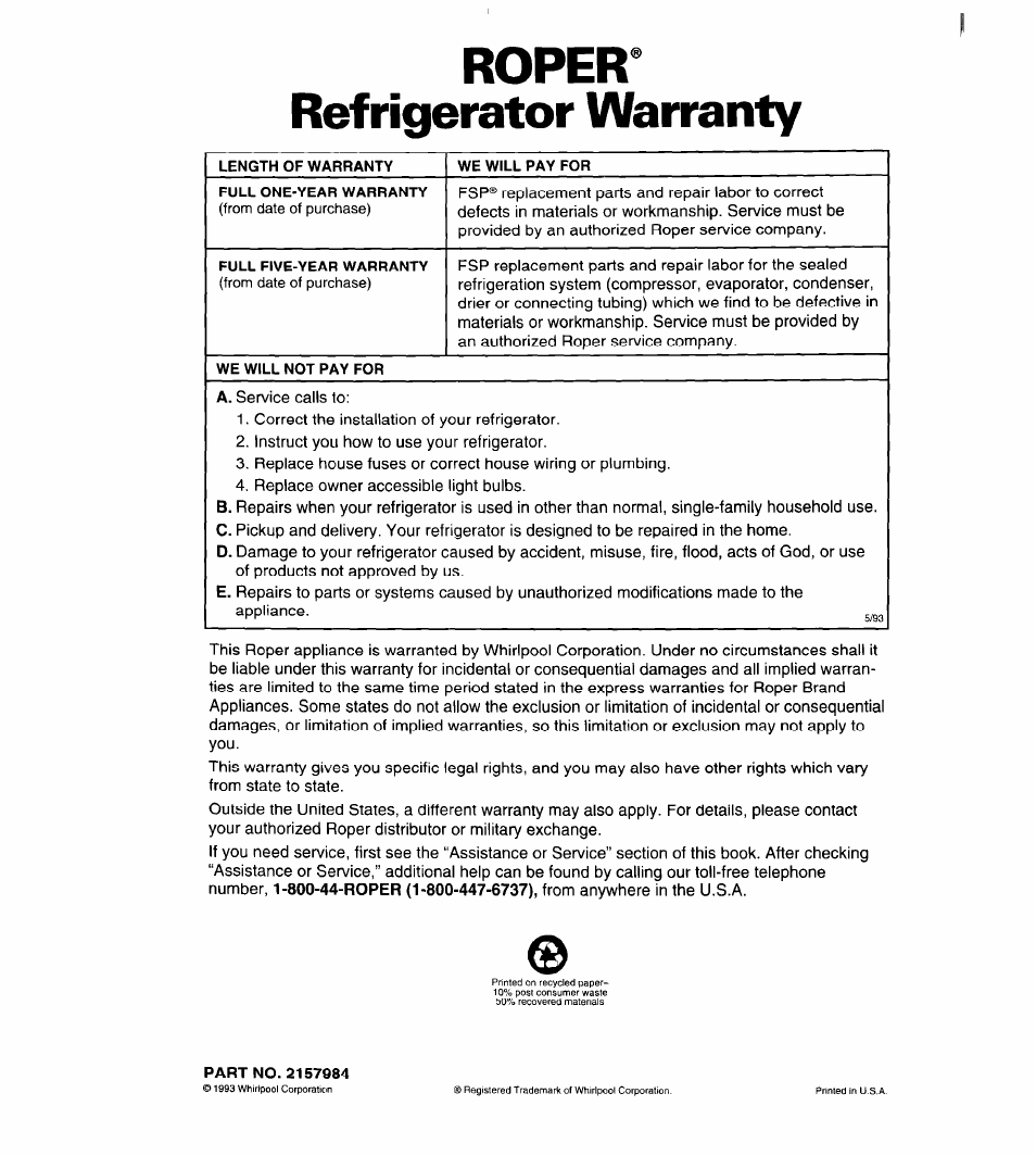 Ropera, Refrigerator warranty, Parino. 2157984 | Ropera refrigerator warranty | Whirlpool RS20AK User Manual | Page 28 / 28