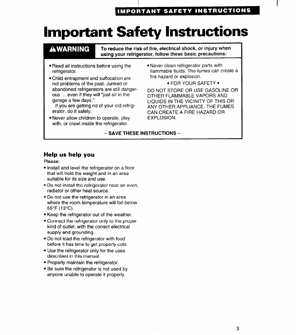Important safety instructions, Save these instructions, Help us help you | Whirlpool RS20AK User Manual | Page 3 / 28