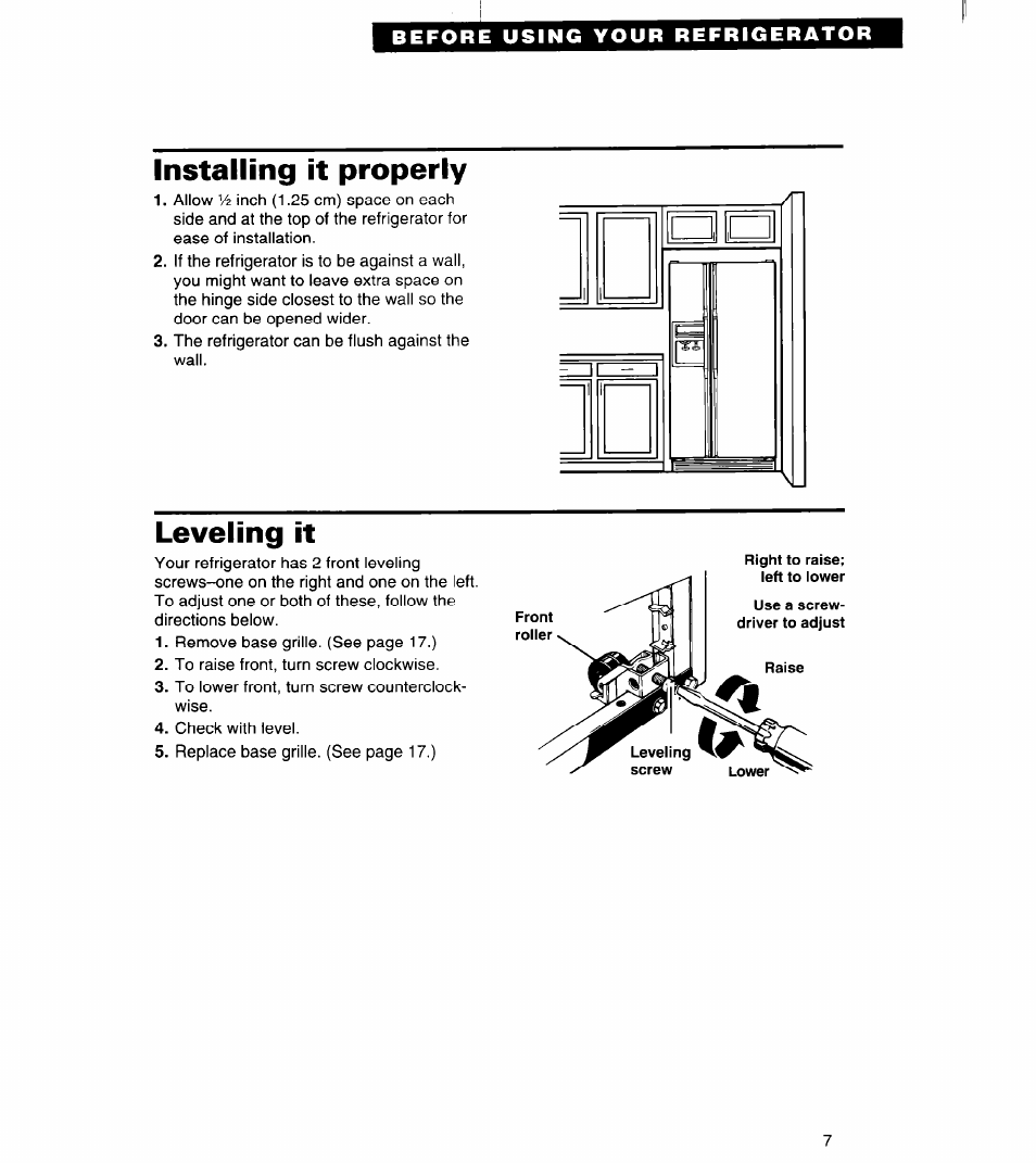 Installing it properly, Leveling it | Whirlpool RS20AK User Manual | Page 7 / 28