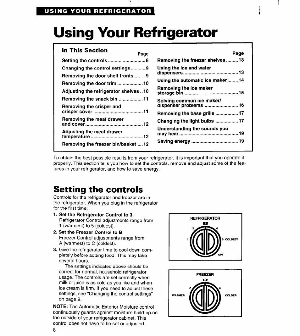 Using your refrigerator, Setting the controls | Whirlpool RS20AK User Manual | Page 8 / 28