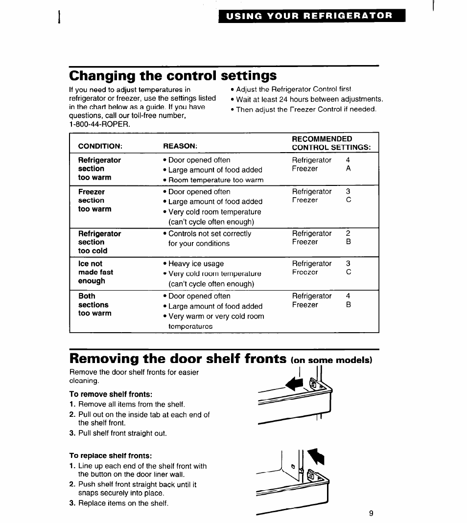 Changing the control settings, To remove shelf fronts, To replace shelf fronts | Using your refrigerator | Whirlpool RS20AK User Manual | Page 9 / 28