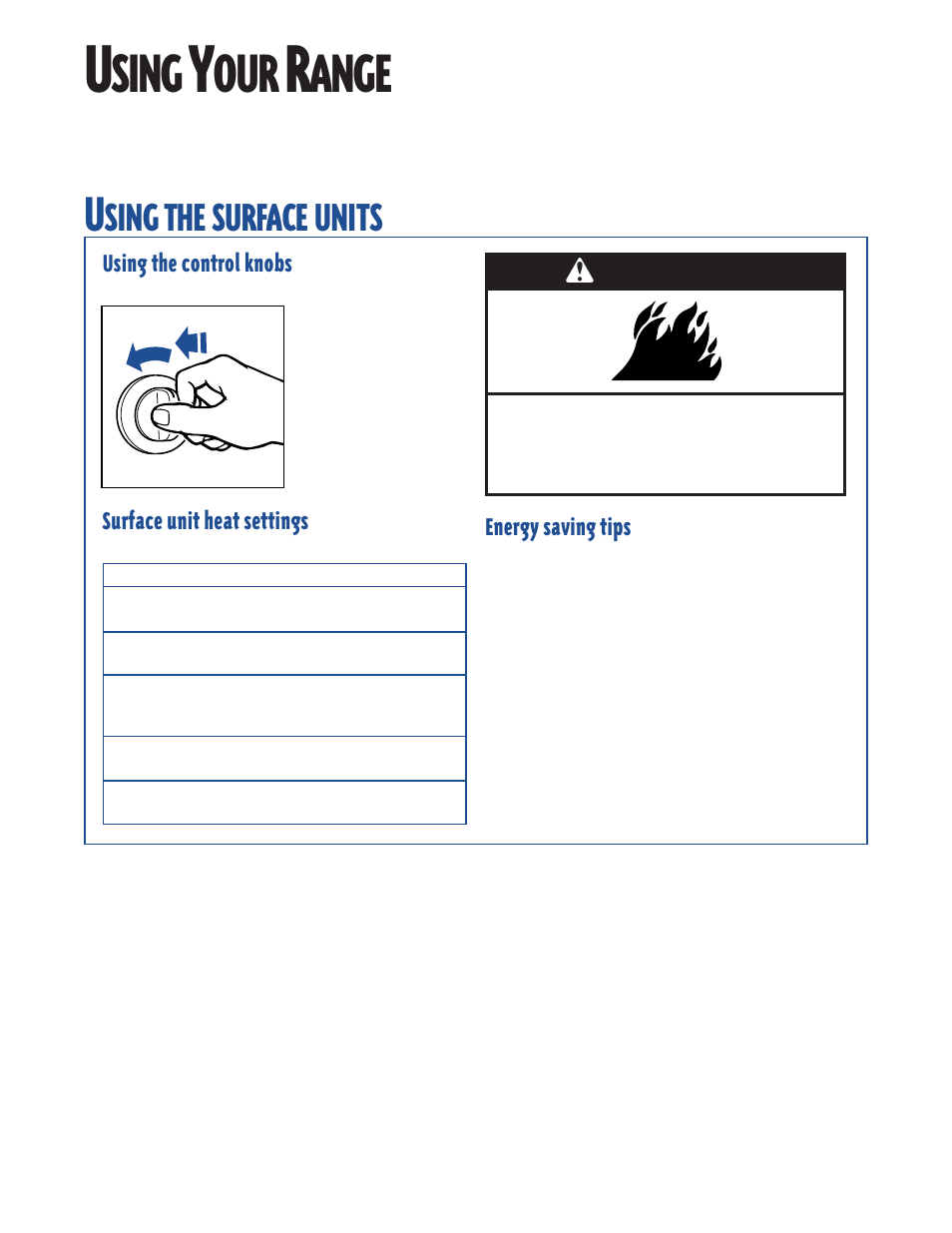 Using your range, Using the surface units, Sing | Ange, Surface, Units, Wwarning | Whirlpool FES364E User Manual | Page 10 / 48