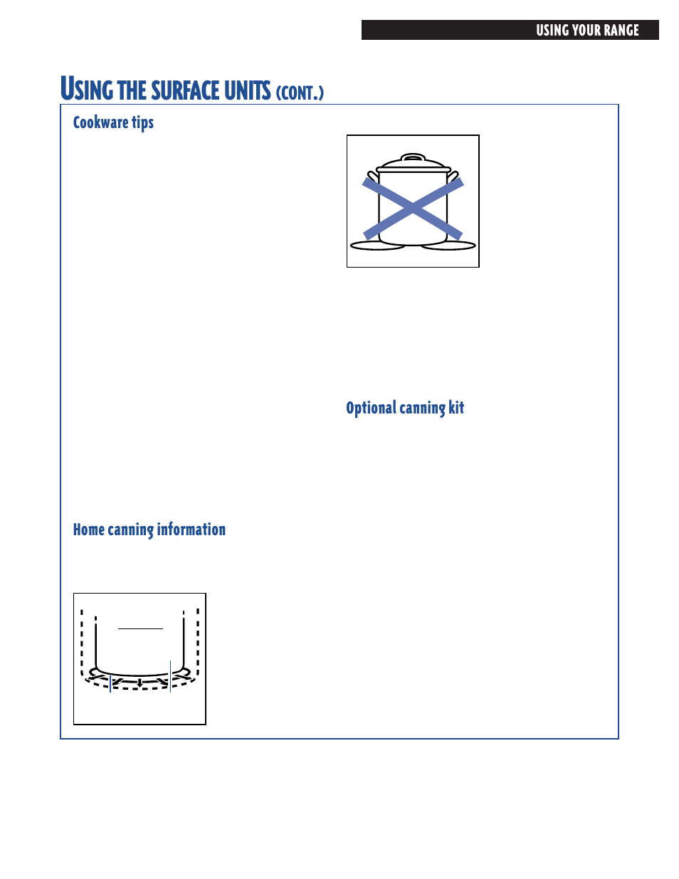 Sing, Surface, Units | Cont, Cookware tips, Home canning information, Optional canning kit | Whirlpool FES364E User Manual | Page 11 / 48