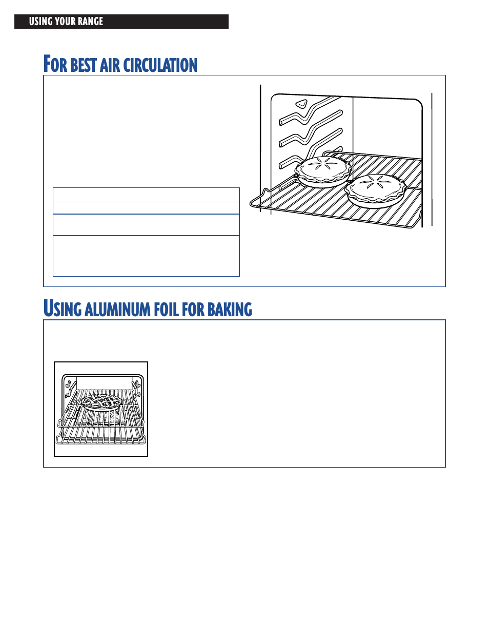 For best air circulation, Using aluminum foil for baking, Best | Circulation, Sing, Aluminum, Foil, Baking | Whirlpool FES364E User Manual | Page 14 / 48