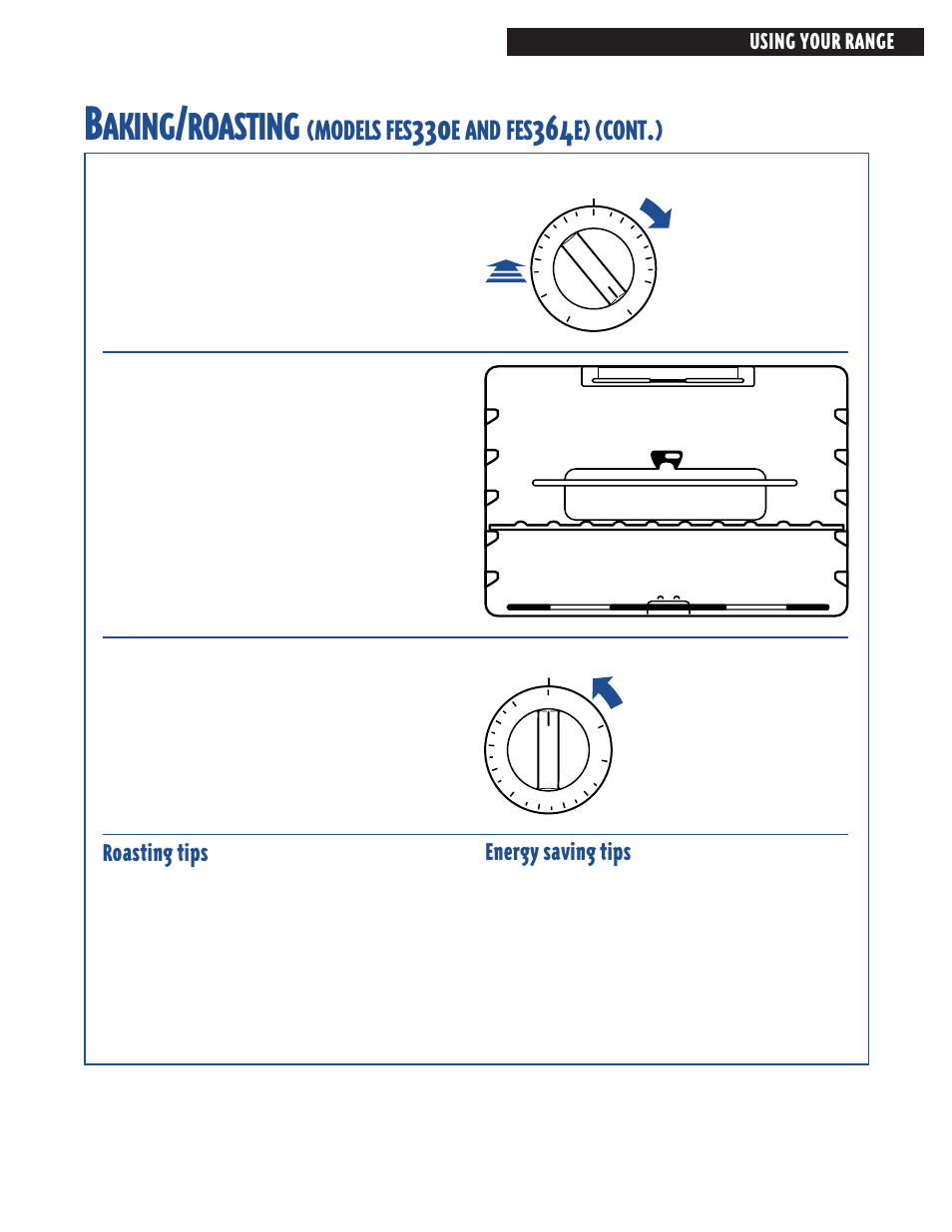 Aking, Roasting, Models | Cont, Roasting tips, Energy saving tips, Using your range | Whirlpool FES364E User Manual | Page 17 / 48