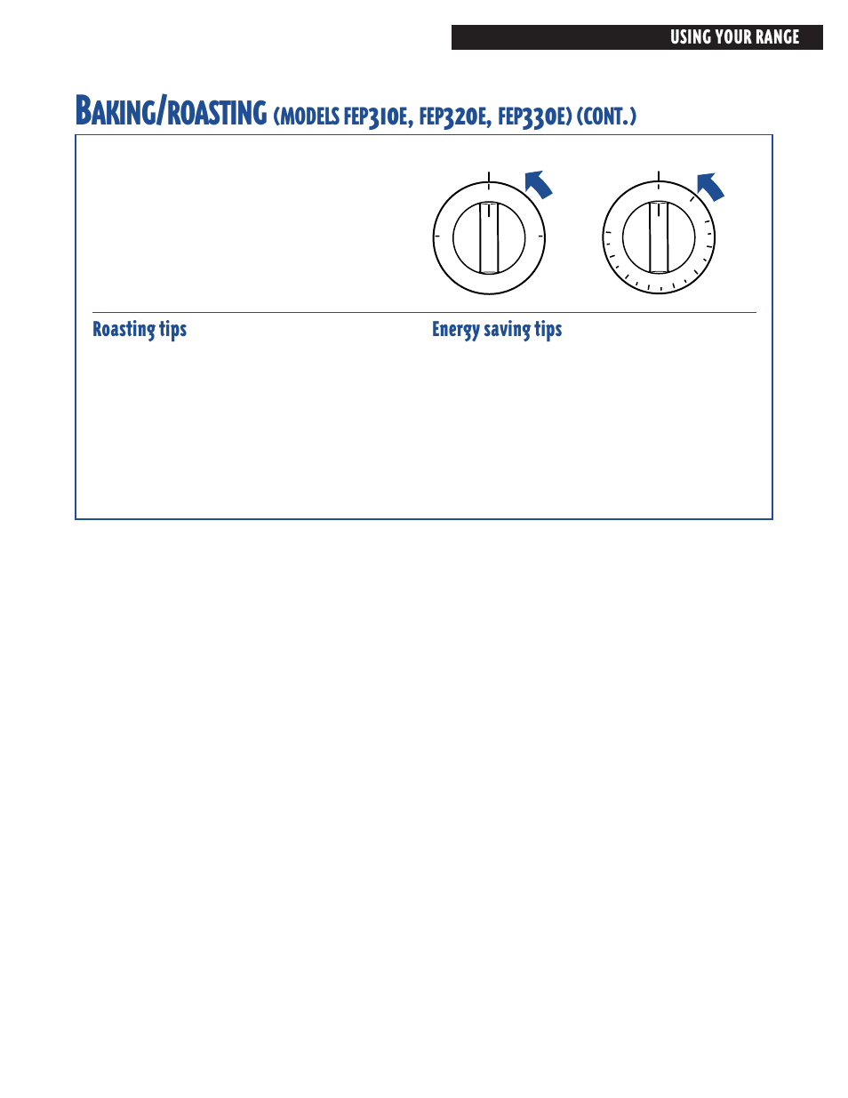 Aking, Roasting, Models | Cont, Roasting tips, Energy saving tips, Using your range | Whirlpool FES364E User Manual | Page 19 / 48