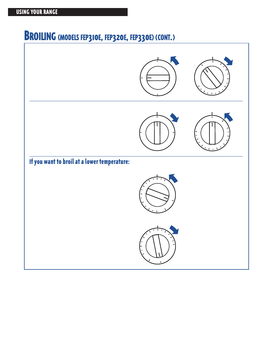 Roiling, Models, Cont | If you want to broil at a lower temperature, Using your range | Whirlpool FES364E User Manual | Page 24 / 48