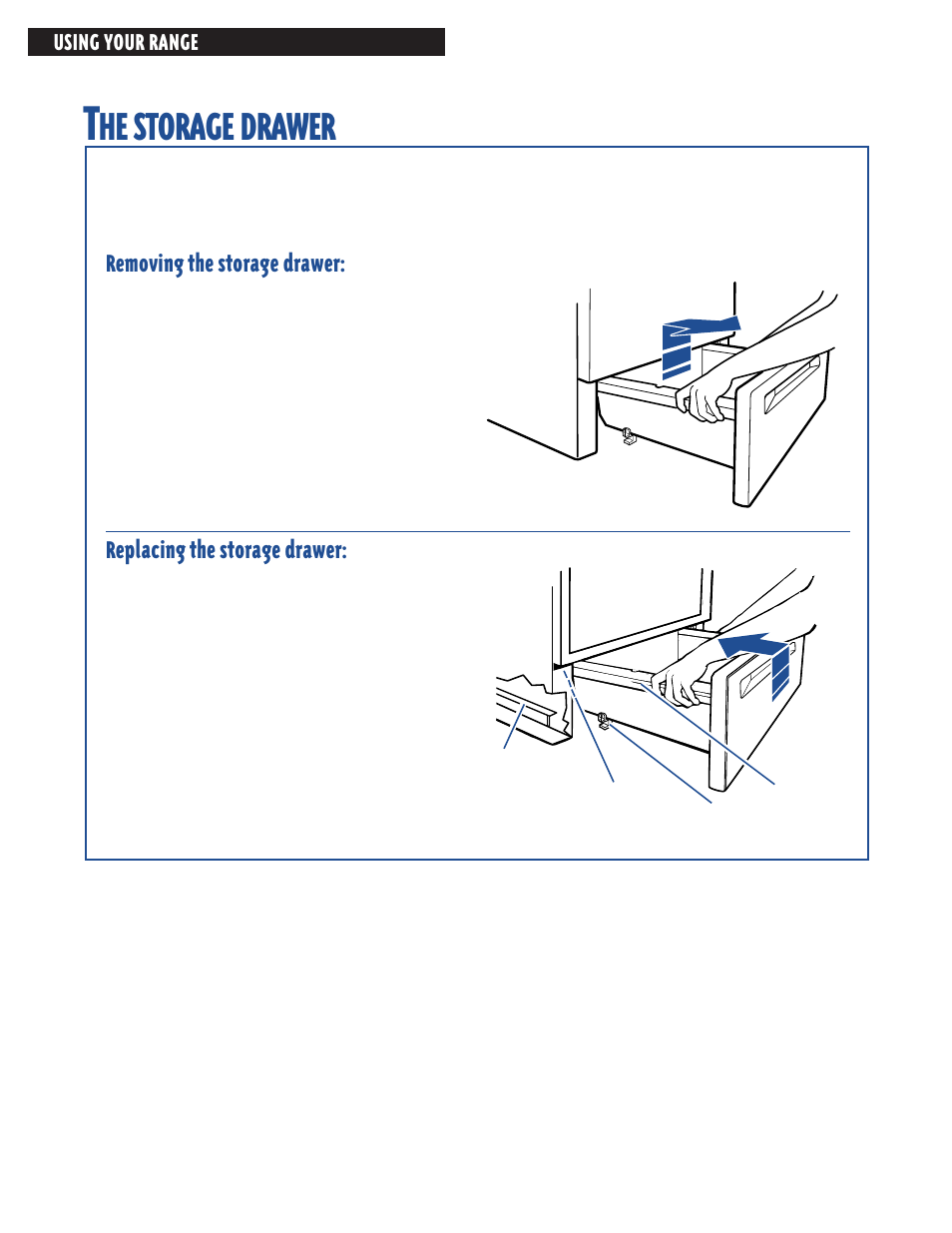 The storage drawer, Storage, Drawer | Whirlpool FES364E User Manual | Page 28 / 48