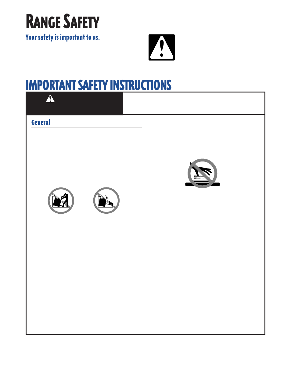 Range safety, Ange, Afety | Important safety instructions | Whirlpool FES364E User Manual | Page 3 / 48