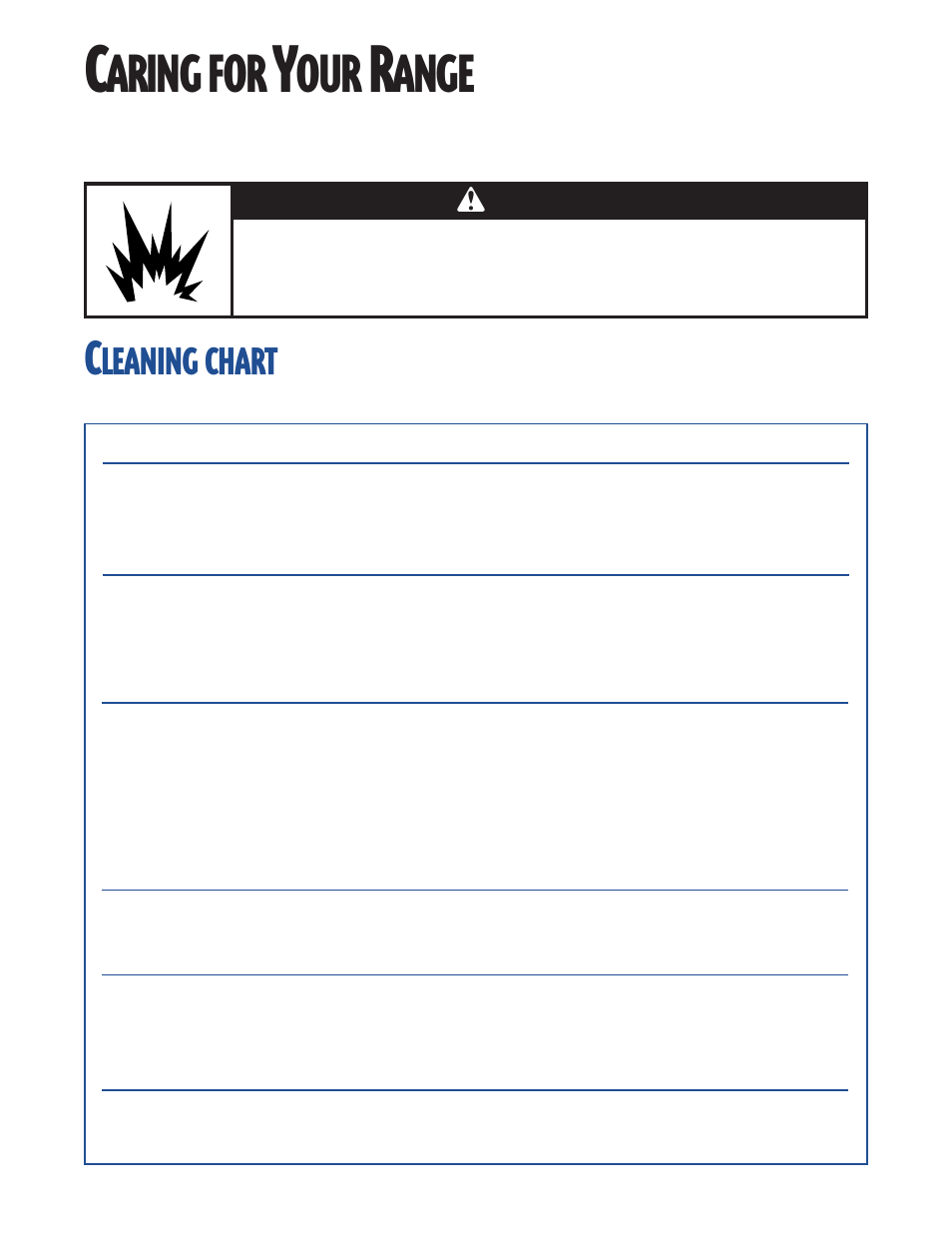 Caring for your range, Cleaning chart, Aring | Ange, Leaning, Chart, Wwarning | Whirlpool FES364E User Manual | Page 32 / 48