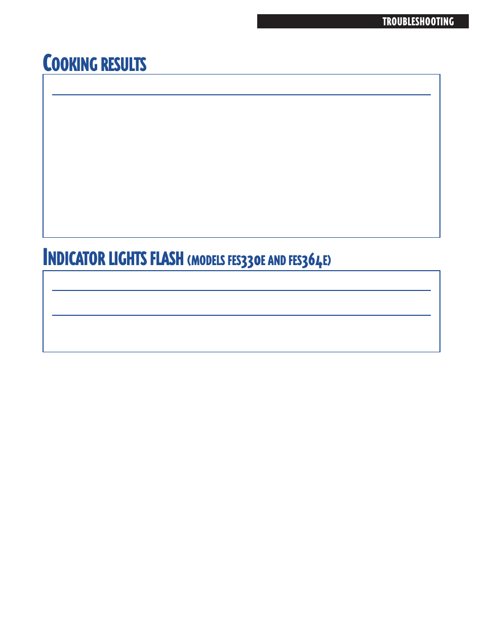 Ooking, Results, Ndicator | Lights, Flash, Models | Whirlpool FES364E User Manual | Page 43 / 48