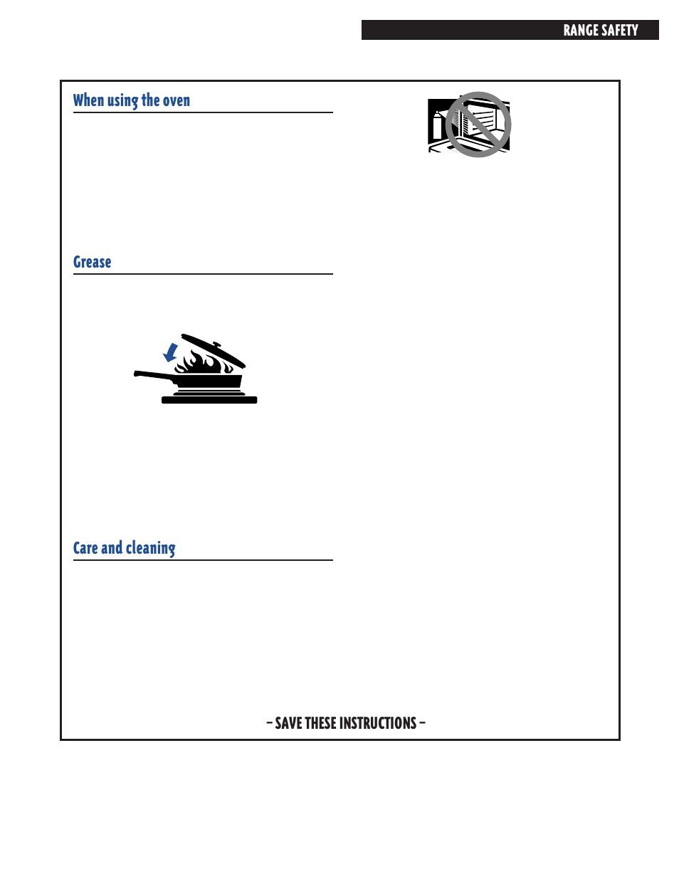 When using the oven, Grease, Care and cleaning | Save these instructions, Range safety | Whirlpool FES364E User Manual | Page 5 / 48