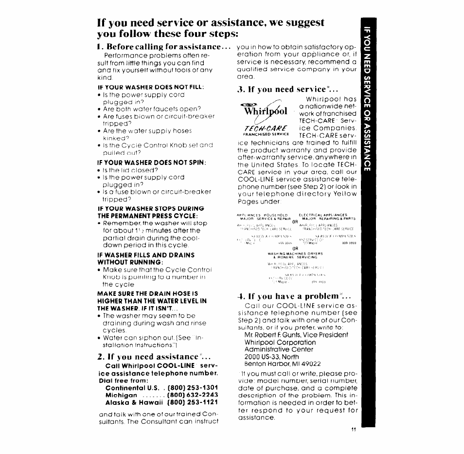 Before calling for asisistance, If you need assistance, If you need service | If you have a problem | Whirlpool LASOOXP User Manual | Page 11 / 12