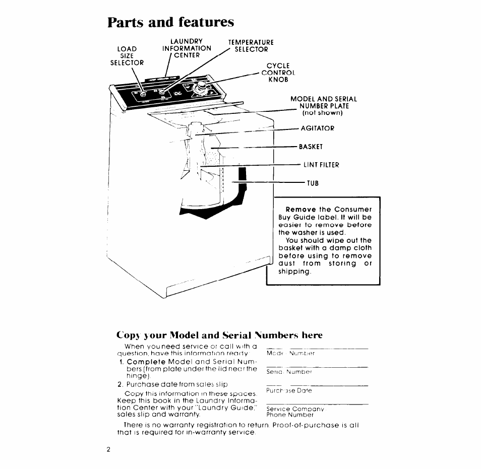 Parts and features, Opy your model and serial numbers here | Whirlpool LASOOXP User Manual | Page 2 / 12