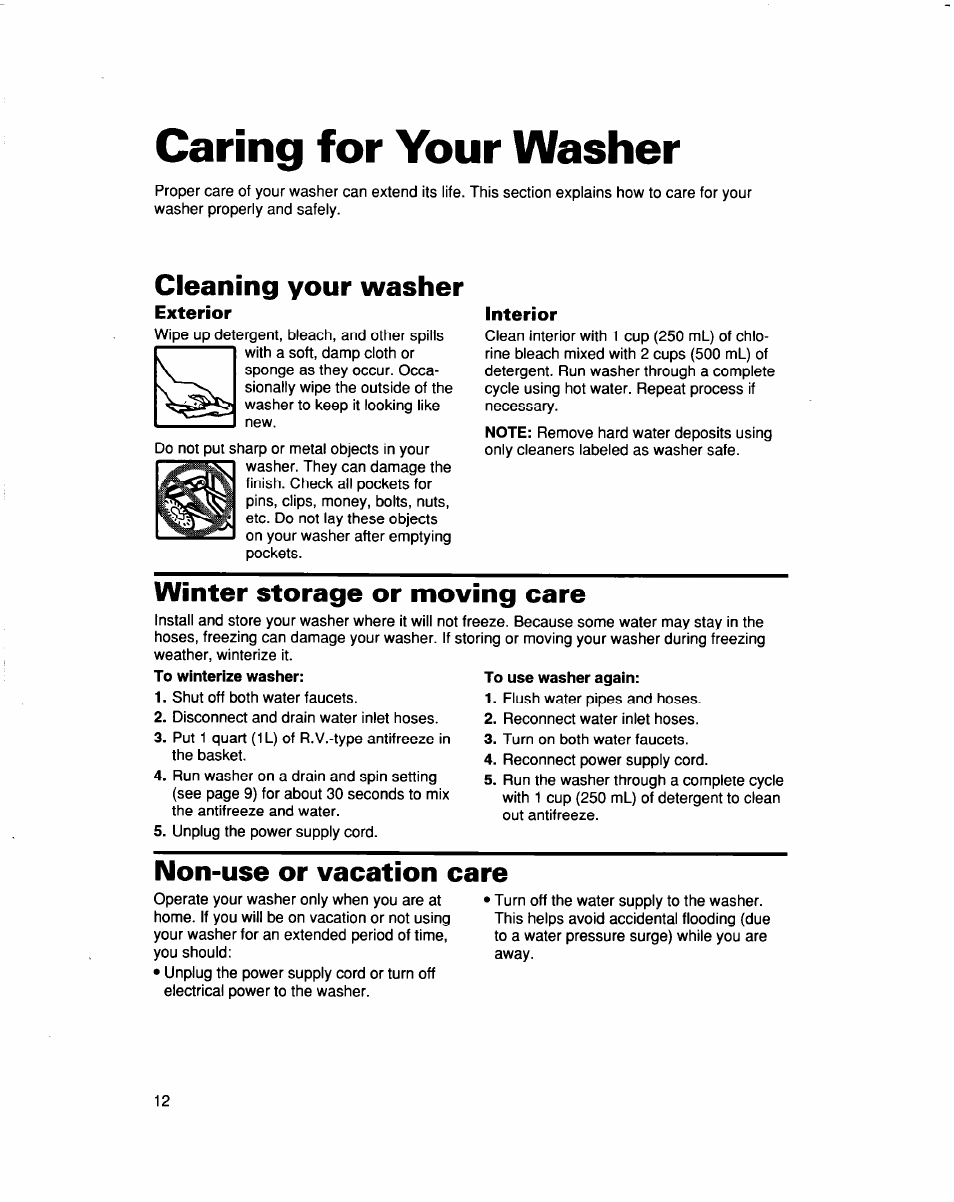 Cleaning your washer, Exterior, Interior | Winter storage or moving care, To winterize washer, Non-use or vacation care, Caring for your washer | Whirlpool LSS7233DQ0 User Manual | Page 12 / 23