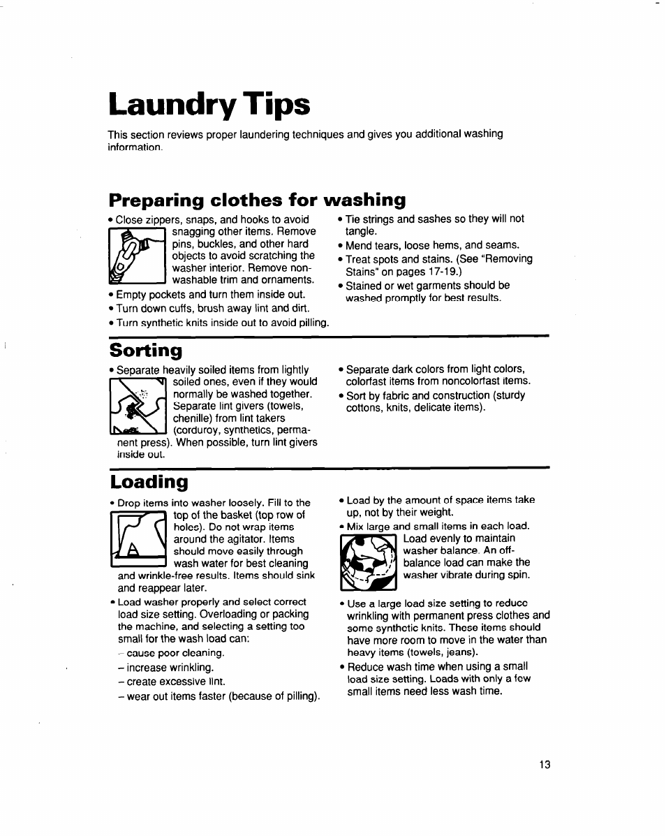 Preparing clothes for washing, Sorting, Loading | Laundry tips | Whirlpool LSS7233DQ0 User Manual | Page 13 / 23