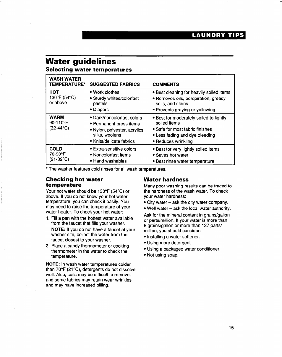 Water guidelines, Selecting water temperatures, Checking hot water temperature | Water hardness | Whirlpool LSS7233DQ0 User Manual | Page 15 / 23